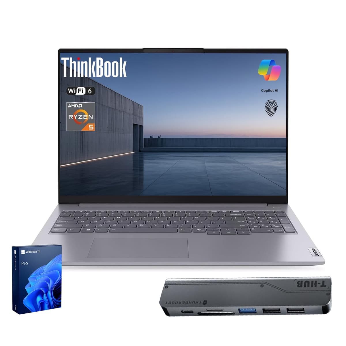 Lenovo ThinkBook 16 Gen 7 Laptop Empresarial, 16” FHD+, AMD Ryzen 5 7533HS, 16GB DDR5, 512GB SSD, Wi-Fi 6, HDMI, Lector de Huellas, Lector de Tarjetas SD, Cámara HD con Cubierta de Privacidad, Windows 11 Pro, con Bundle