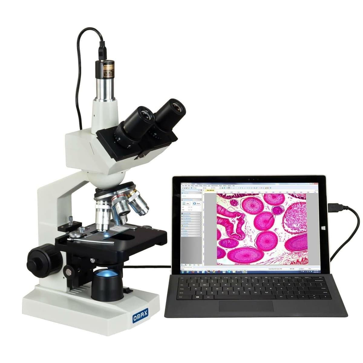 OMAX - Microscopio Compuesto Trinocular de Laboratorio LED 40X-2500X con Cámara 5MP y Platina Mecánica - M83EZ-C50S