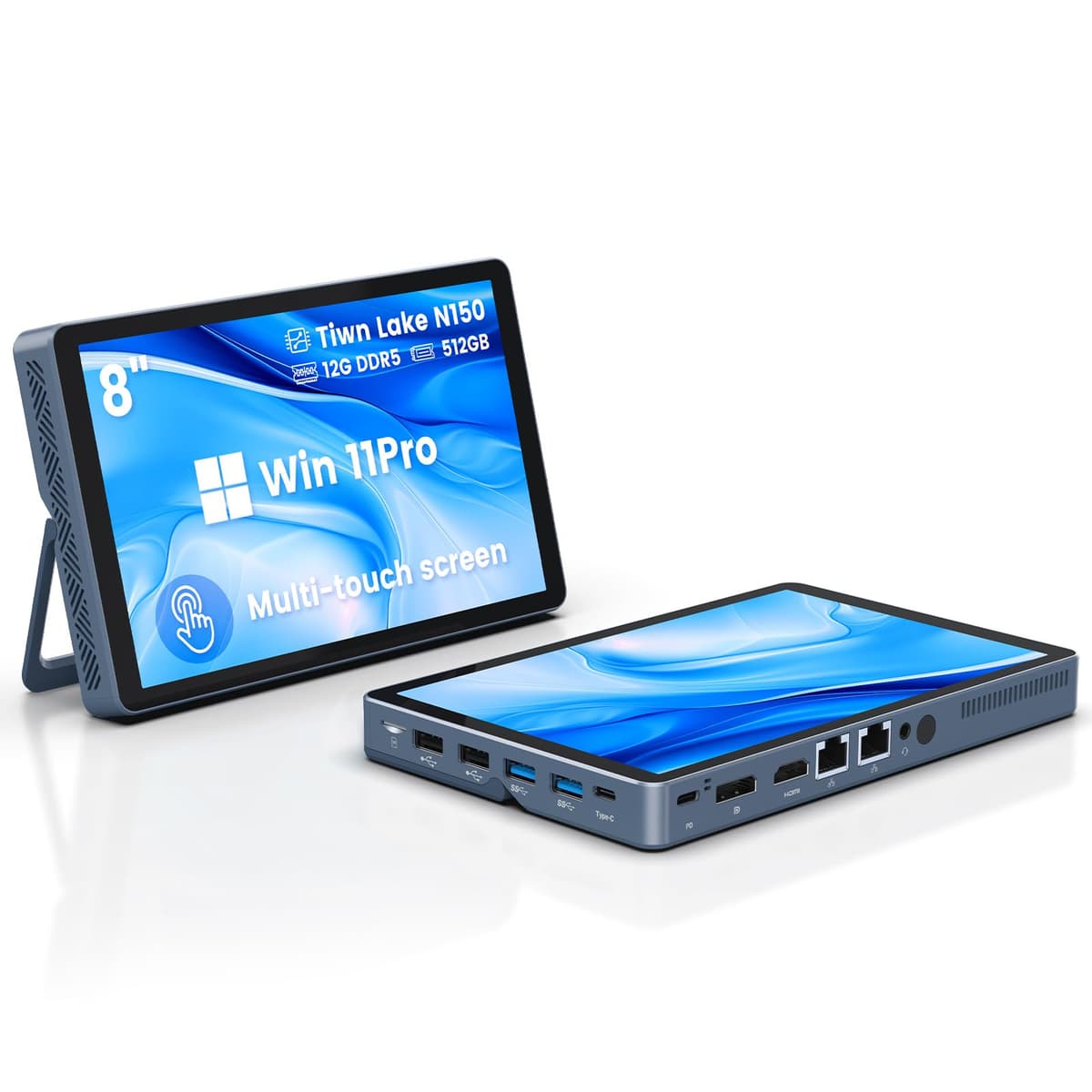 KOOSMILE Mini PC N150 con pantalla táctil 8", 12GB DDR5, 512GB M.2, WiFi6 y 12 puertos N80