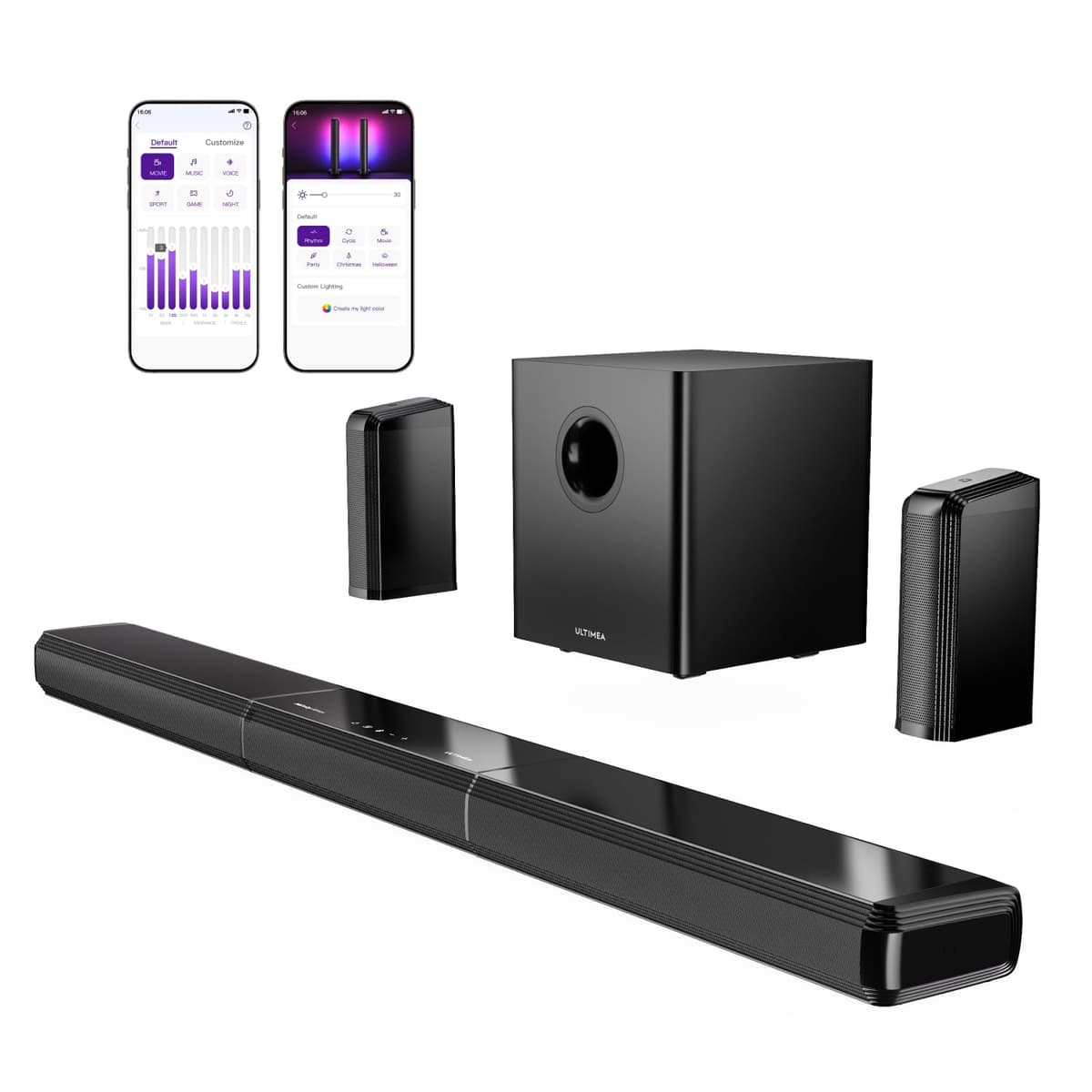 Sistema de Sonido Envolvente ULTIMEA 9.1ch con Dolby Atmos, 2 Altavoces Traseros, Subwoofer Inalámbrico de 6.5", Luces RGB, App, Sistema Envolvente Desmontable para Home Theater, Potencia Máxima 470W, HDMI eARC, Apollo S90 U3820