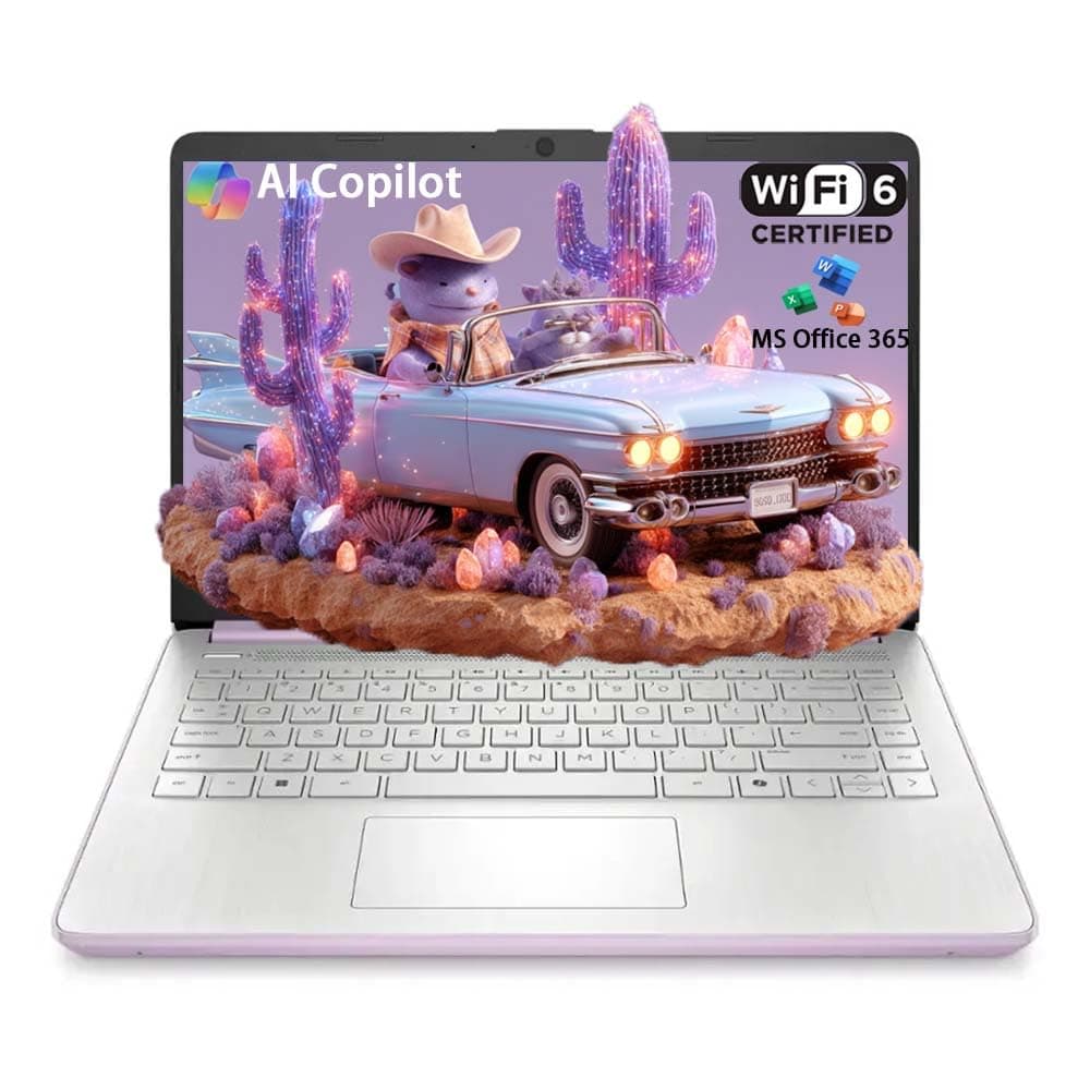 HP Stream 14 Estudiante Empresarial, Procesador Intel N150 (quad-core), 32GB RAM, 384GB Almacenamiento (128GB UFS + 256GB MSD), Microsoft Office 365, Copilot AI, 1TB Almacenamiento en la Nube, Honey Lavender, con Kit 5ave 14 dq-6000