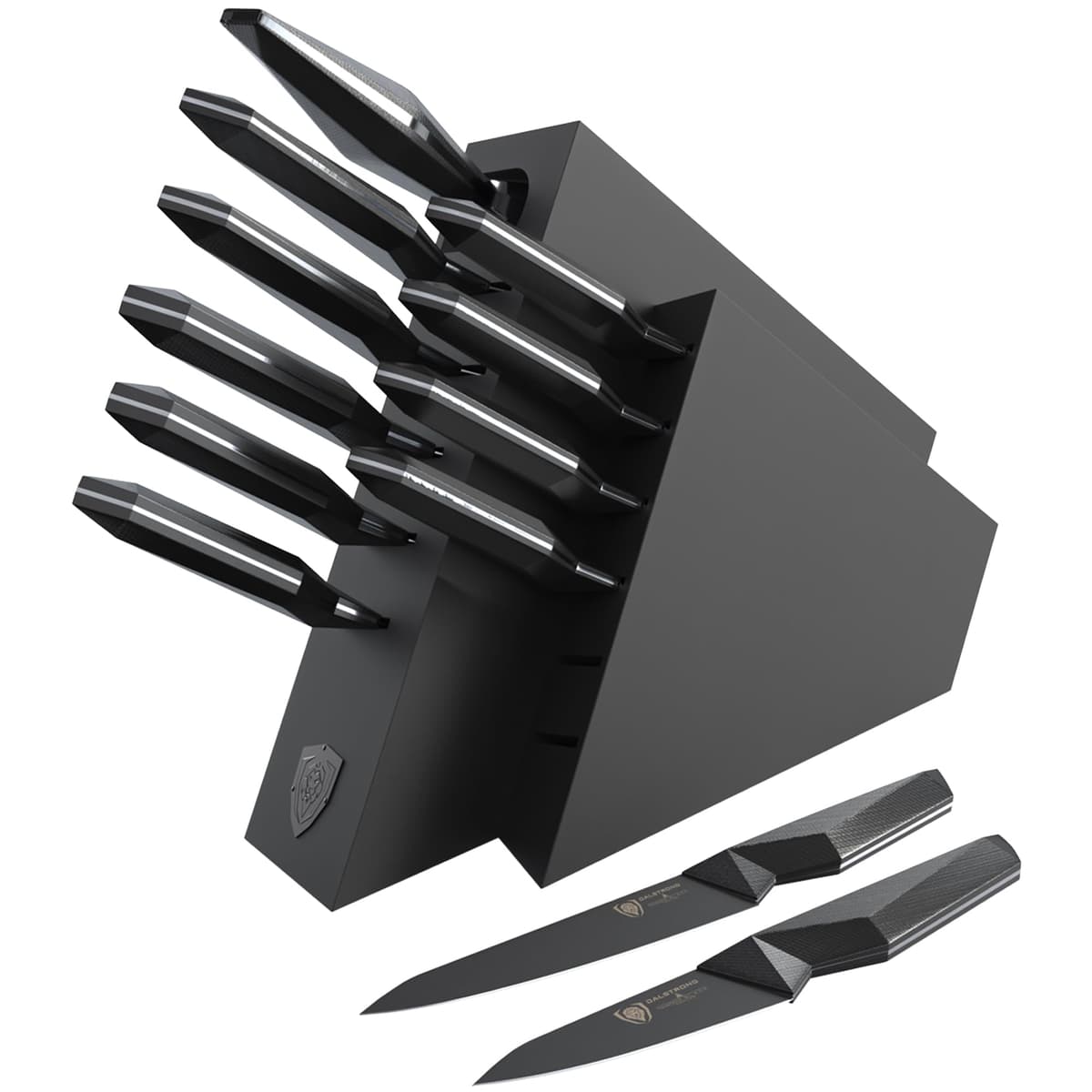 Set de 12 piezas de cuchillos profesionales Dalstrong con bloque - Serie Shadow Black - Recubrimiento de nitruro de titanio negro - Cuchillos de acero inoxidable de alto carbono - Juego de cocina premium certificado NSF SBS-12pc-Block-Set