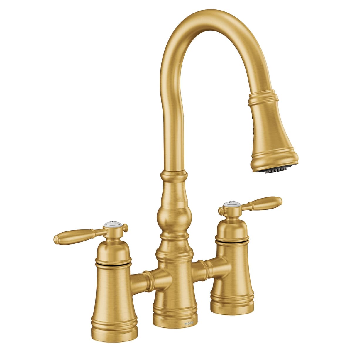 Moen Grifo de cocina tipo puente Weymouth de dos manijas con rociador extraíble en oro cepillado, S73204BG