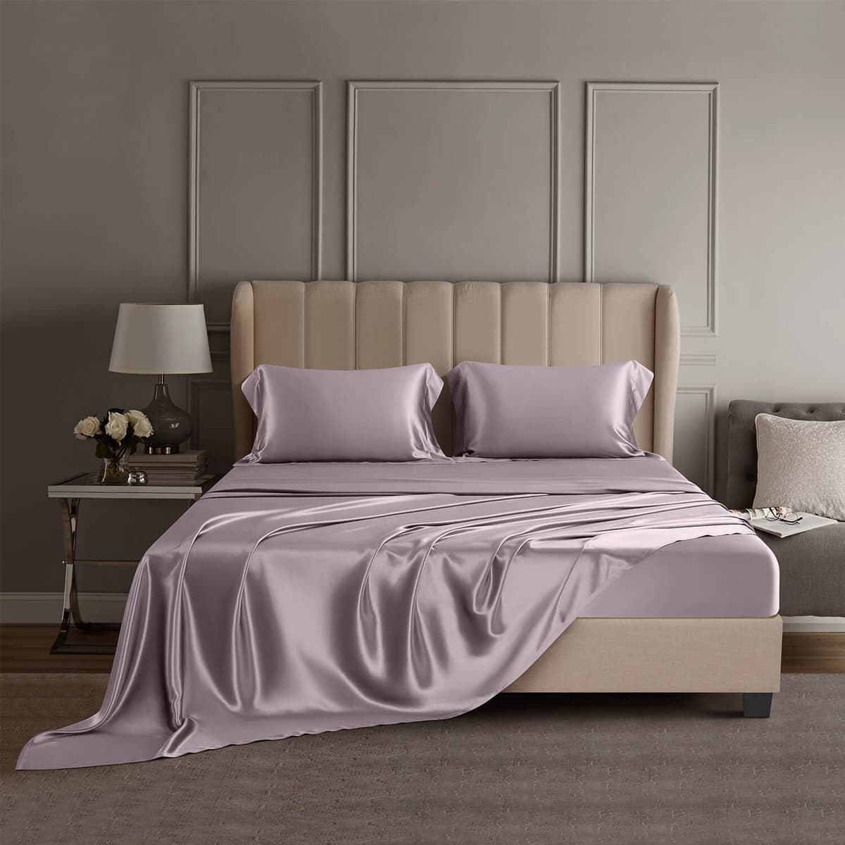 DISANGNI 22 Momme 100% Mulberry Silk - Juego de cama 4 piezas California King (Lila claro) CDTZ