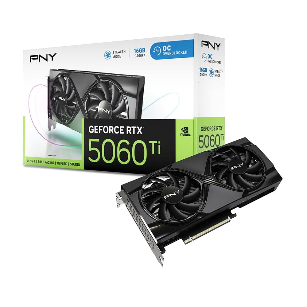 PNY NVIDIA GeForce RTX 5060 Ti OC Dual Fan, Tarjeta de Video (16GB GDDR7,128 bits, Velocidad Boost: 2692 MHz, Lista para SFF, PCIe 5.0, HDMI/DP 2.1, 2 Ranuras, Arquitectura NVIDIA Blackwell, DLSS 4) VCG5060T16DFXPB1-O