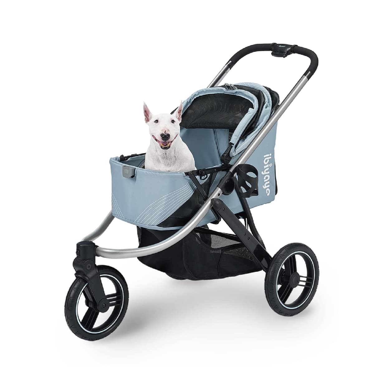 Carrito para Perros ibiyaya The Beast para Todos los Terrenos, Transportador de Perros de 3 Ruedas con Doble Freno, Carrito Grande sin Cremallera para Correr y Caminar, Múltiples Perros Pequeños, Perros Medianos o Gatos (Gris Flash) 4715243345134
