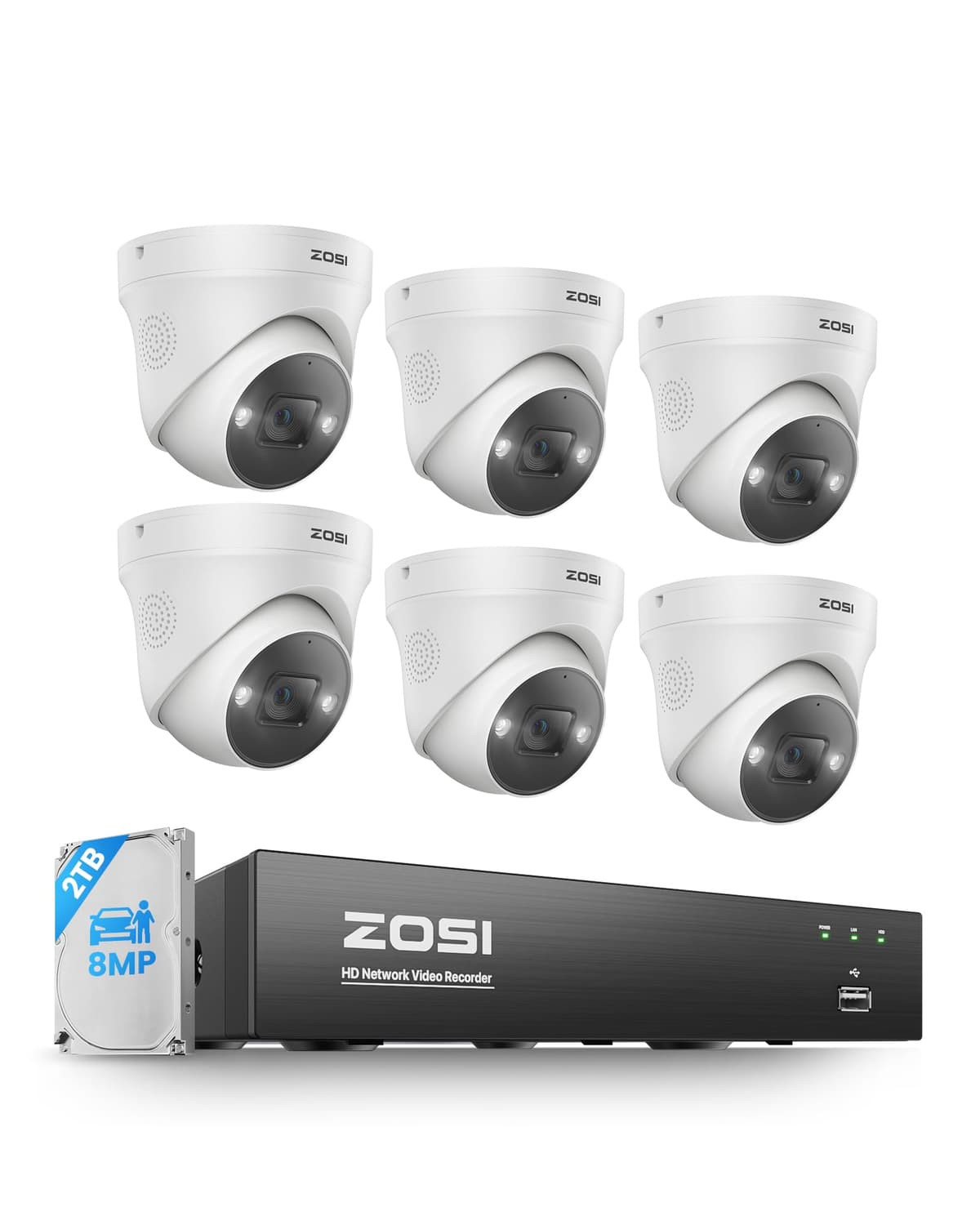 Sistema de cámaras de seguridad ZOSI 4K PoE, detección de personas y vehículos, 6 cámaras PoE 4K con reflector para interior/exterior, visión nocturna, audio bidireccional, NVR de 8 canales 8MP con HDD de 2TB para grabación 24/7 88N2-2258W6-US-V1