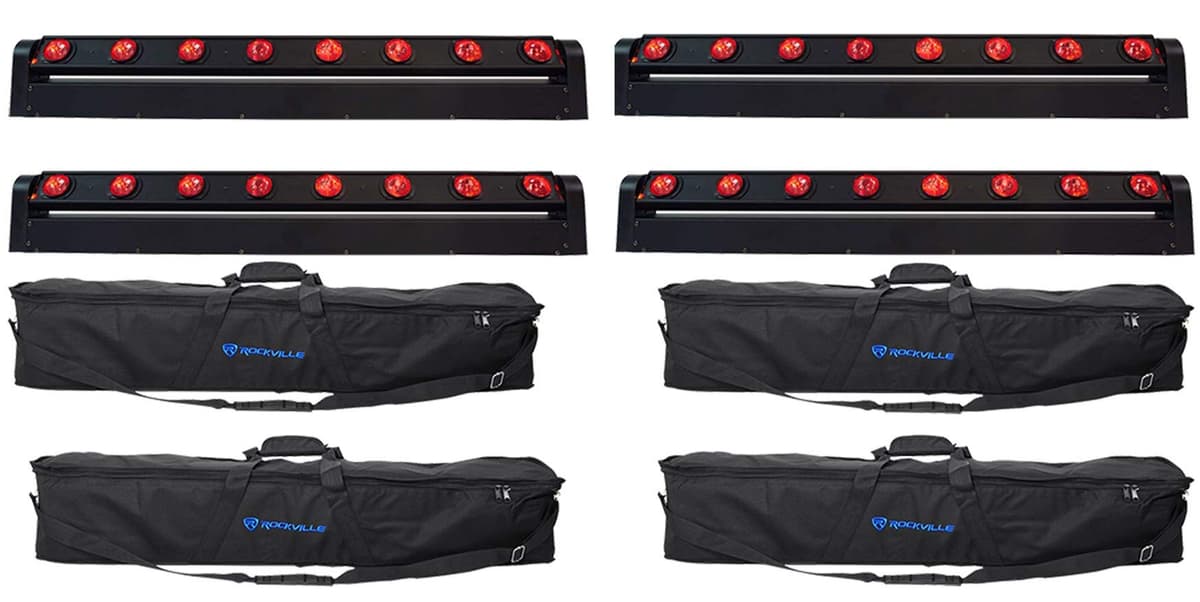 Rockville MOTIONSTRIP Bundle 4 unidades con 4 bolsas RLB60, rotación motorizada 270°, DMX-512 (4) MOTIONSTRIP+(4) RLB60-AM