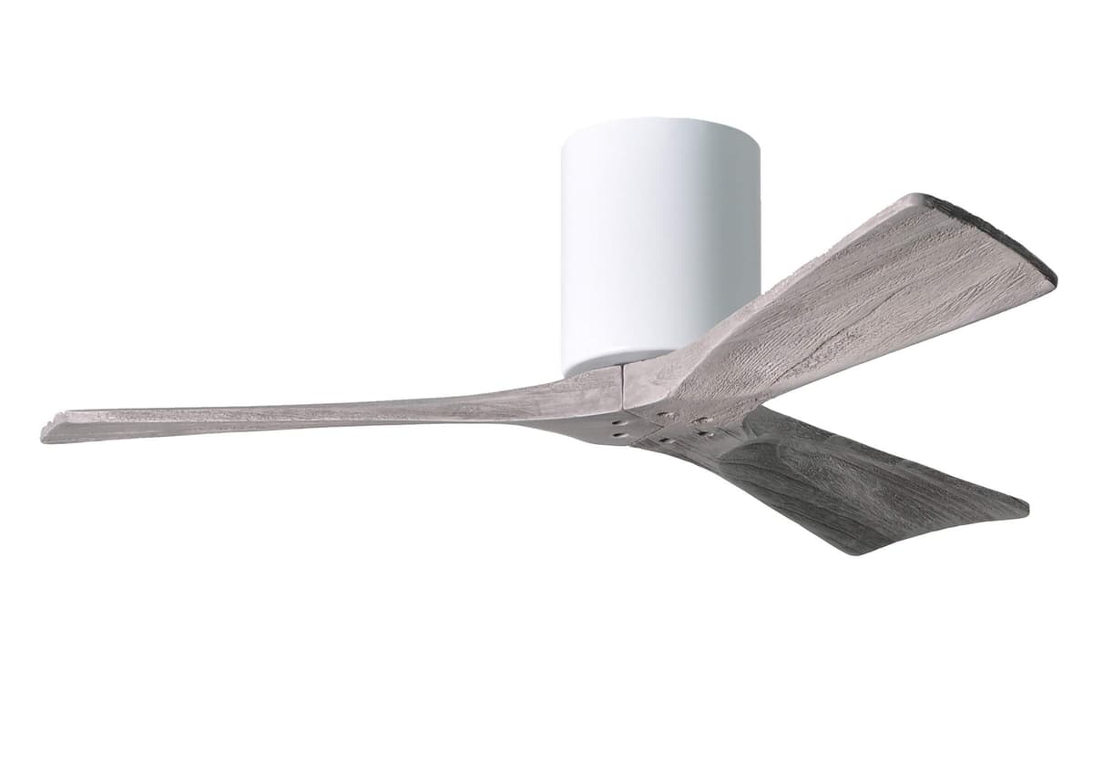 Matthews IR3H-WH-BW-42 Irene 42" Hugger Ceiling Fan Interior/Exterior Damp Rated con Control Remoto y de Pared, Motor DC Silencioso, 3 Aspas Barn Wood, Blanco Brillante
