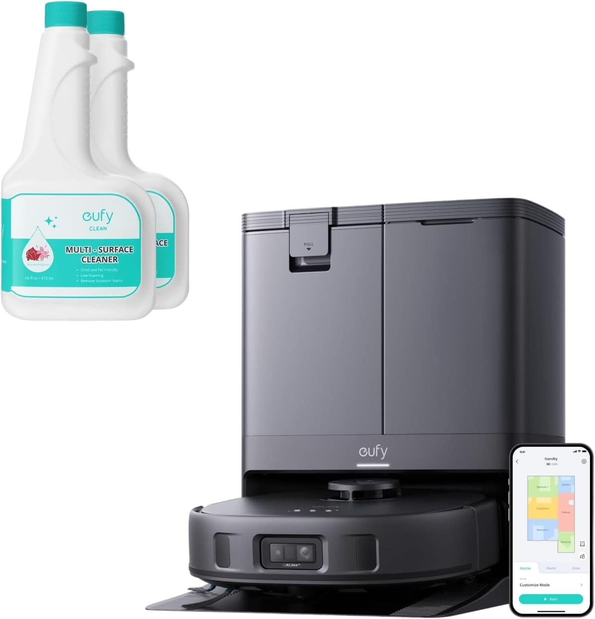 eufy X10 Pro Omni Robot Aspiradora y Trapeador Combo, Succión 8.000 Pa, Doble Mopa con Elevación Automática de 12 mm y Detección de Alfombras + Soluciones Oficiales para Limpieza de Pisos (2 Botellas) E2351