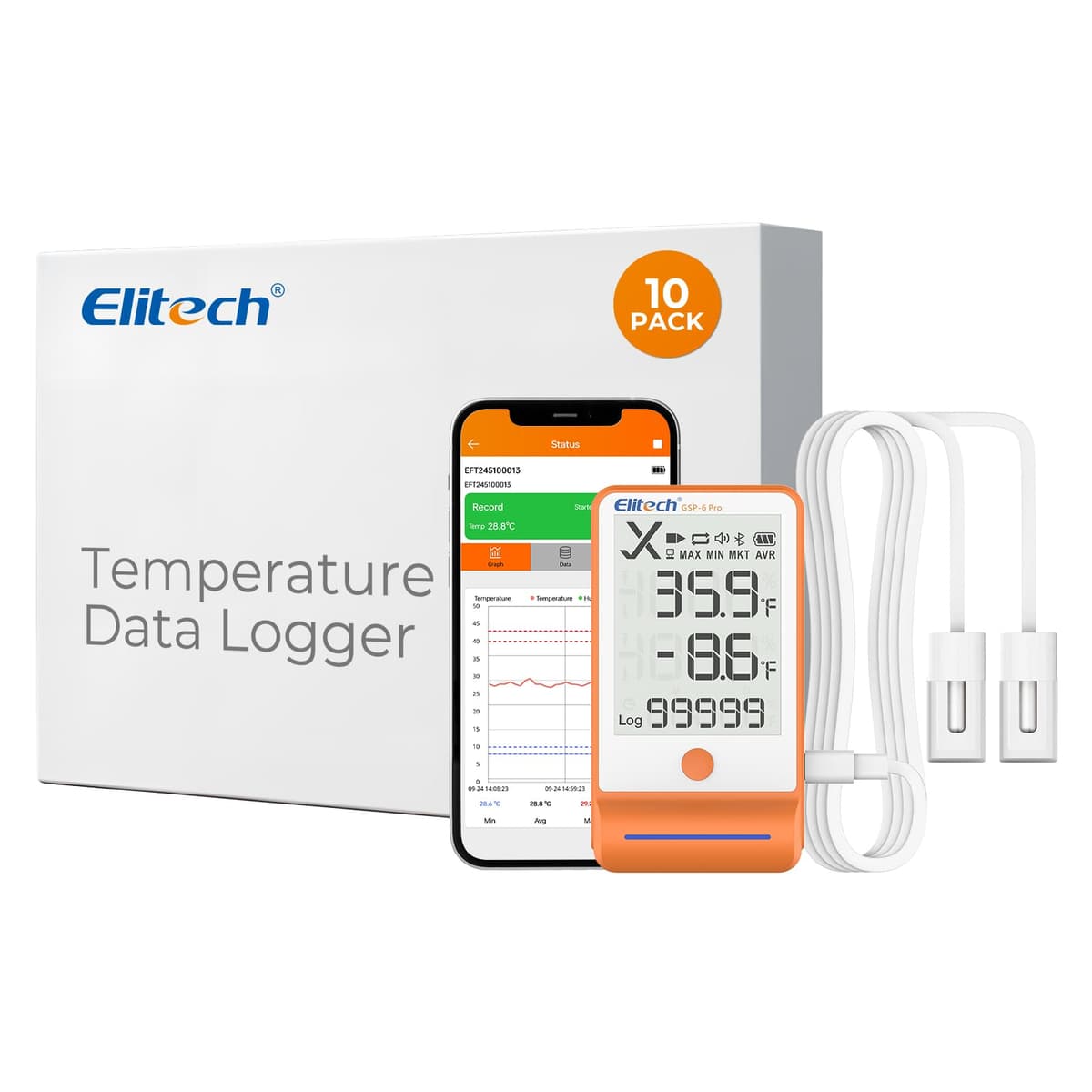 Elitech Paquete de 10 Registradores de Temperatura Bluetooth para Refrigerador con Sombra Datos 100000 Puntos Exportar Informe PDF/CSV, Certificado DDL para Vacunas de Farmacia, MAX MIN con Sonda Dual GSP-6G-TDE GSP-6Pro-GTDE-10Pack
