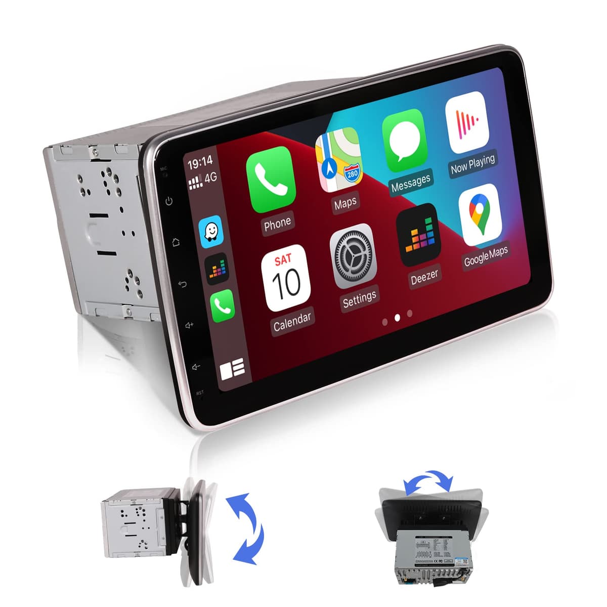 ViaBecs Radio doble DIN 10.2" con Apple CarPlay, pantalla táctil giratoria, CarPlay inalámbrico y Android Auto, WiFi, Android Head Unit, navegación GPS, Bluetooth 5.0,4G RAM 64G ROM, DSP
