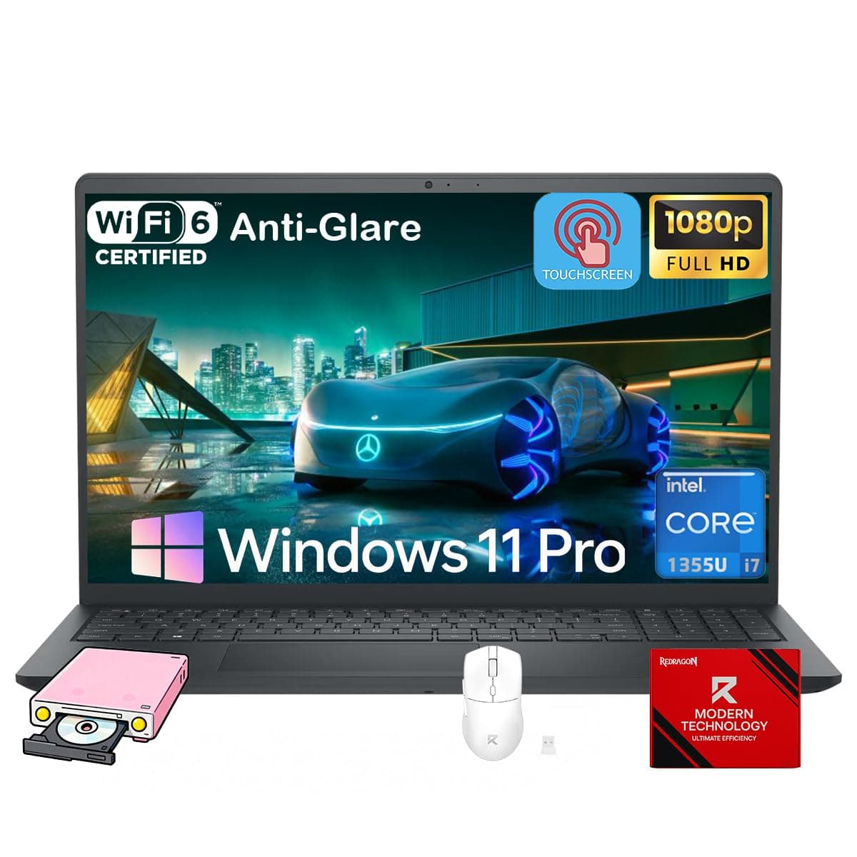Dell notebook empresarial táctil de 15" - Pantalla FHD antirreflejo de 15.6", Intel i7-1355U de 13ª generación (hasta 5.00 GHz) de 10 núcleos, 32 GB RAM, 1 TB SSD, Wi-Fi 6, Windows 11 Pro con Copilot, kit patentado Redragon Dell Laptop