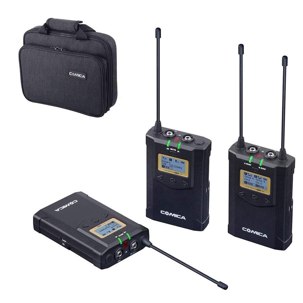 COMICA CVM-WM100 Plus Kit de Cine con Doble Transmisor y Receptor Único UHF 48 Canales Micrófono Lavalier Inalámbrico Mono/Estéreo para Canon Nikon Panasonic Sony, Videocámara, Smartphone EA702217