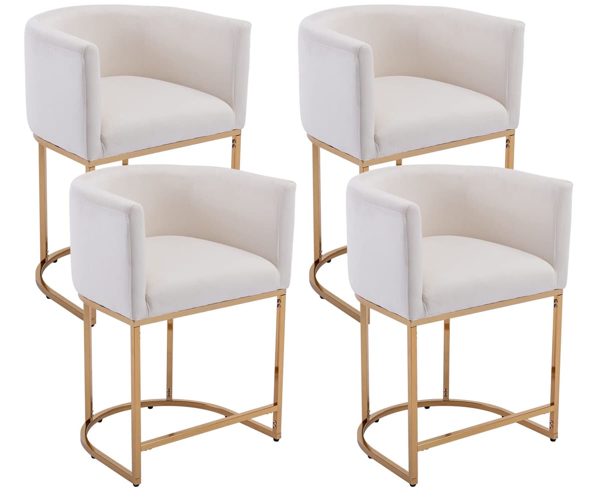 Banco alto VESCASA 24" H de terciopelo con respaldo y brazos, asiento acolchado, marco dorado, juego de 4, crema