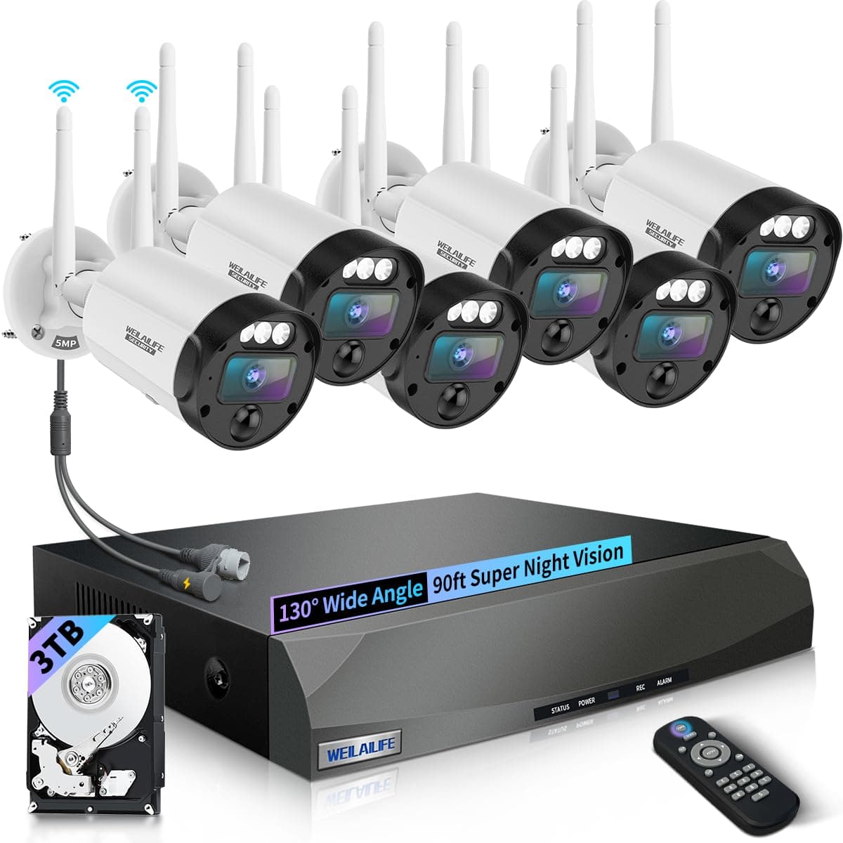 WEILAILIFE 【Visión Nocturna Super de 90 ft】 Sistema de Cámara de Seguridad Inalámbrica para Exteriores, Cámaras Inalámbricas para Seguridad del Hogar, Kits DVR de Videovigilancia WiFi CSWL-07SW5MP03-6ch+3.5"3TB-BW