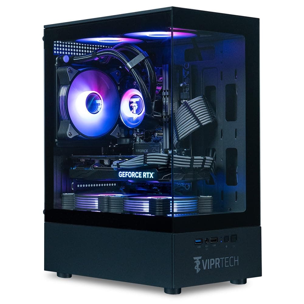ViprTech Stryker 4.0 PC refrigerado por líquido - AMD Ryzen 7 (4.4 GHz Turbo), RTX 5060 8 GB, 16 GB DDR4 3200, SSD NVMe 1 TB, fuente 700 W, Wi-Fi y Bluetooth, Windows 11 Pro, RGB, Computadora de escritorio para juegos prearmada, negra R7-4060-32G-1T-L-Stryker-B