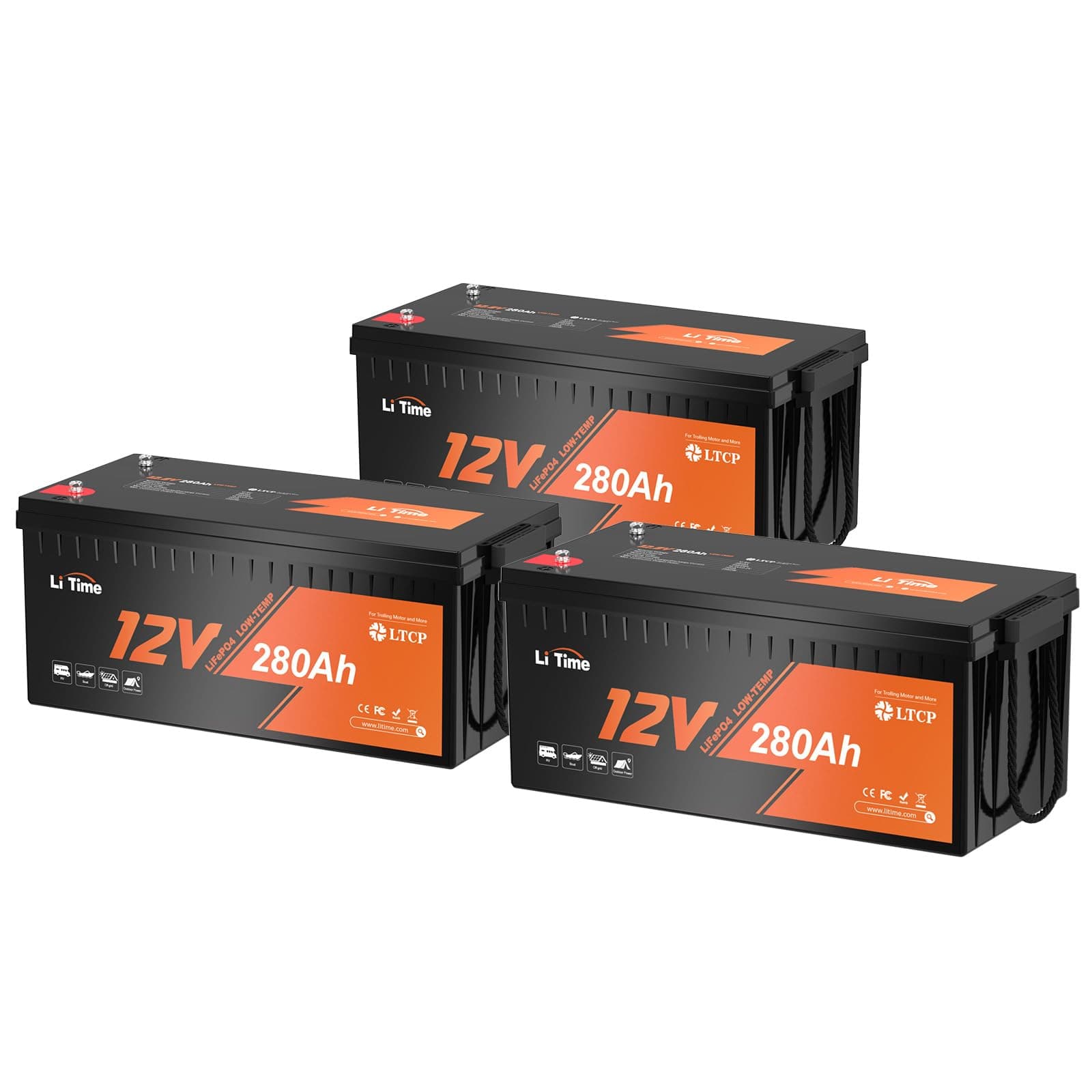 Litime 3Pack Batería LiFePO4 12V 280Ah, 3584Wh, protección baja temperatura - ideal para campers, vans, trailers, camiones y sistemas solares L12V280-200-LTCP-4-A200