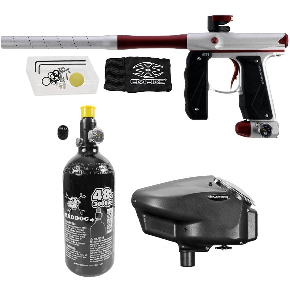 Maddog Empire Mini GS Paintball electrónico Full Auto con tanque HPA 48/3000 y cargador Empire Halo Too - Dust Silver/Red - 2pc Barrel