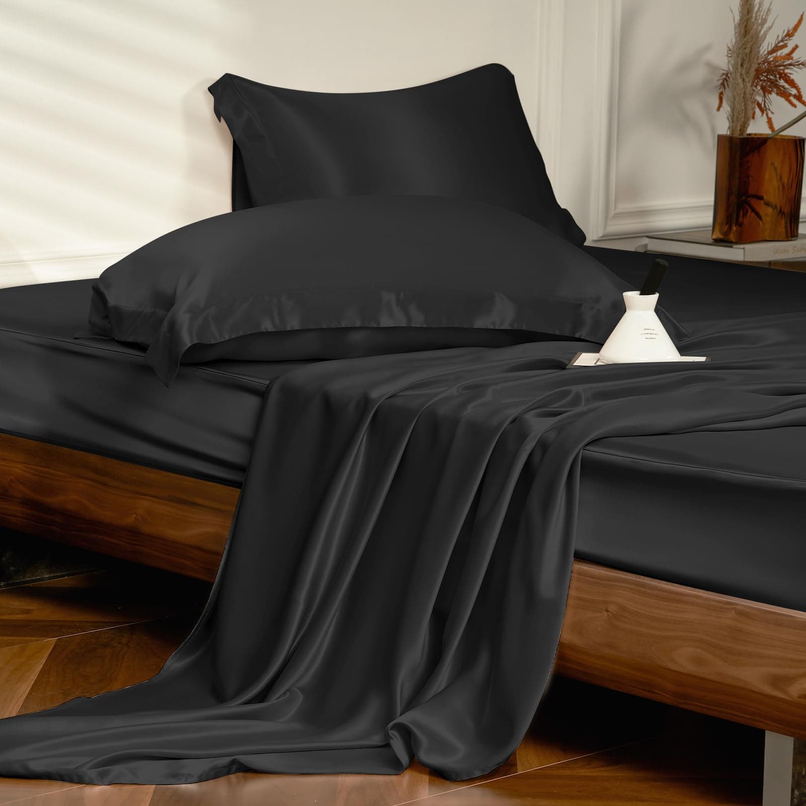 THXSILK Juego de sábanas de seda 4 piezas 25 Momme (King, Negro)