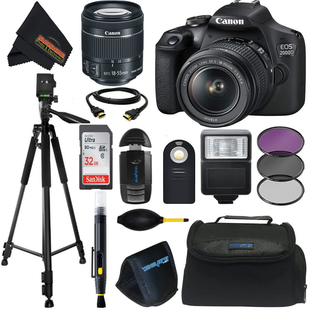 Cámara réflex Canon EOS 2000D (Rebel T7) con lente Canon EF-S 18-55 mm f/3.5-5.6 III y paquete de accesorios profesionales Sunshine Photo (renovada) 2728C003
