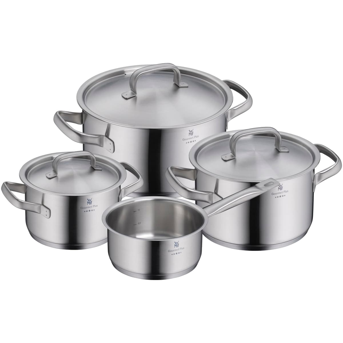 WMF Gourmet Plus Set de 4 ollas con escalas internas y tapa, acero inoxidable Cromargan 720046030