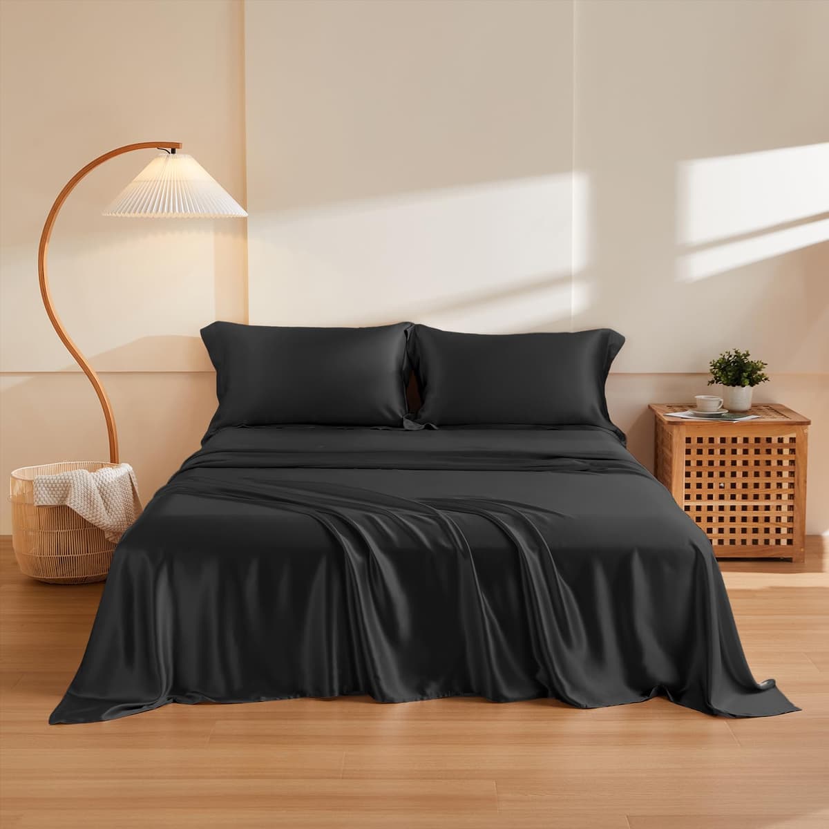 THXSILK Juego de sábanas de seda 4 piezas King - Mulberry 19 Momme, Black