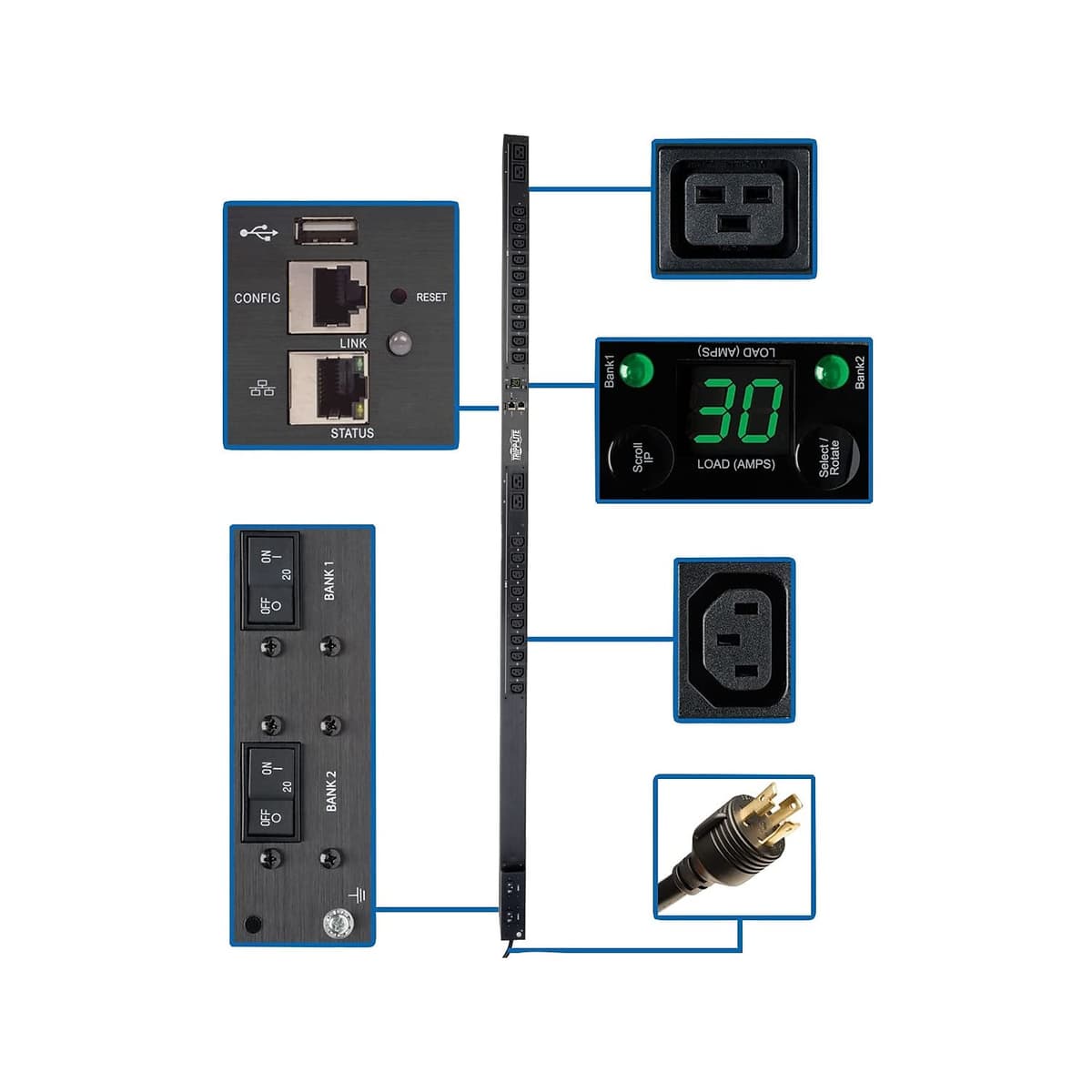 Tripp Lite PDU MonITOREADO 5/5.8 kW 208/240 V 20 C13 y 4 C19 30 A Plataforma LX L6-30P Vertical para montaje en rack 0URM TAA (PDUMNV30HVLX)