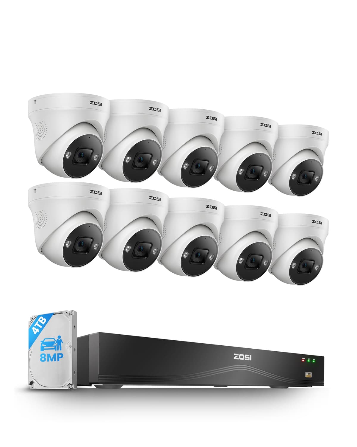ZOSI 24CH NVR 4K PoE con 10 cámaras 4K, NVR 16→24CH, 4TB HDD, detección IA y audio bidireccional 168B4-2258W10-US