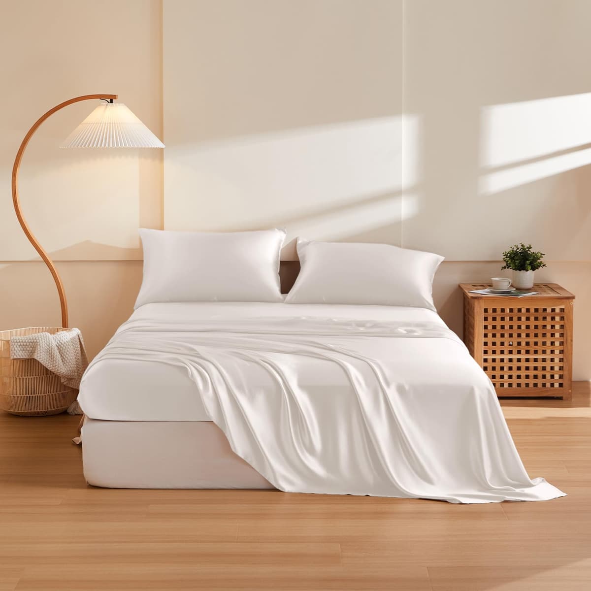 Juego de sábanas de seda THXSILK 5 piezas Split King, 100% seda de morera (Pearl White)
