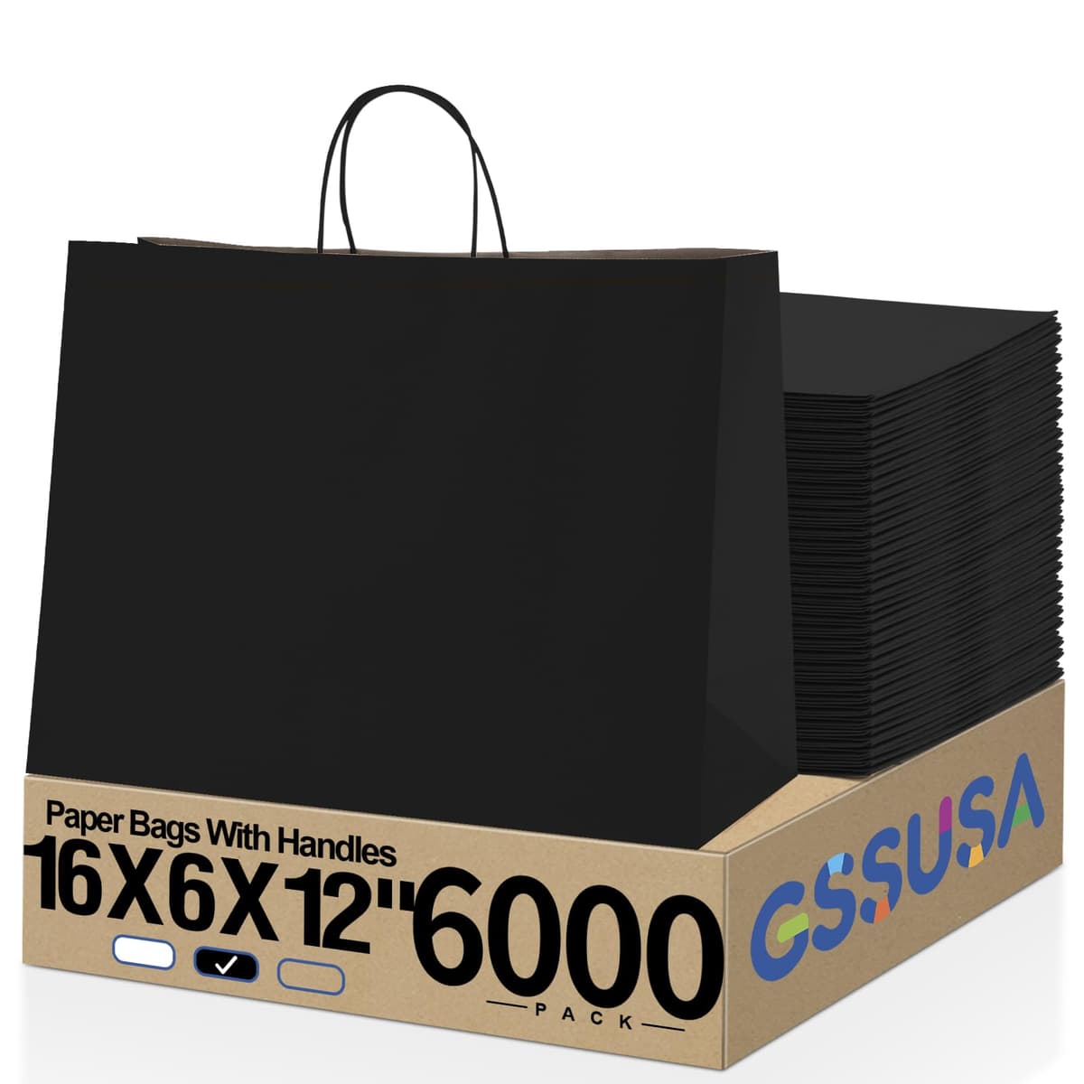 GSSUSA 16x6x12 Inches Black Paper Bags with Handles - Pack 6000