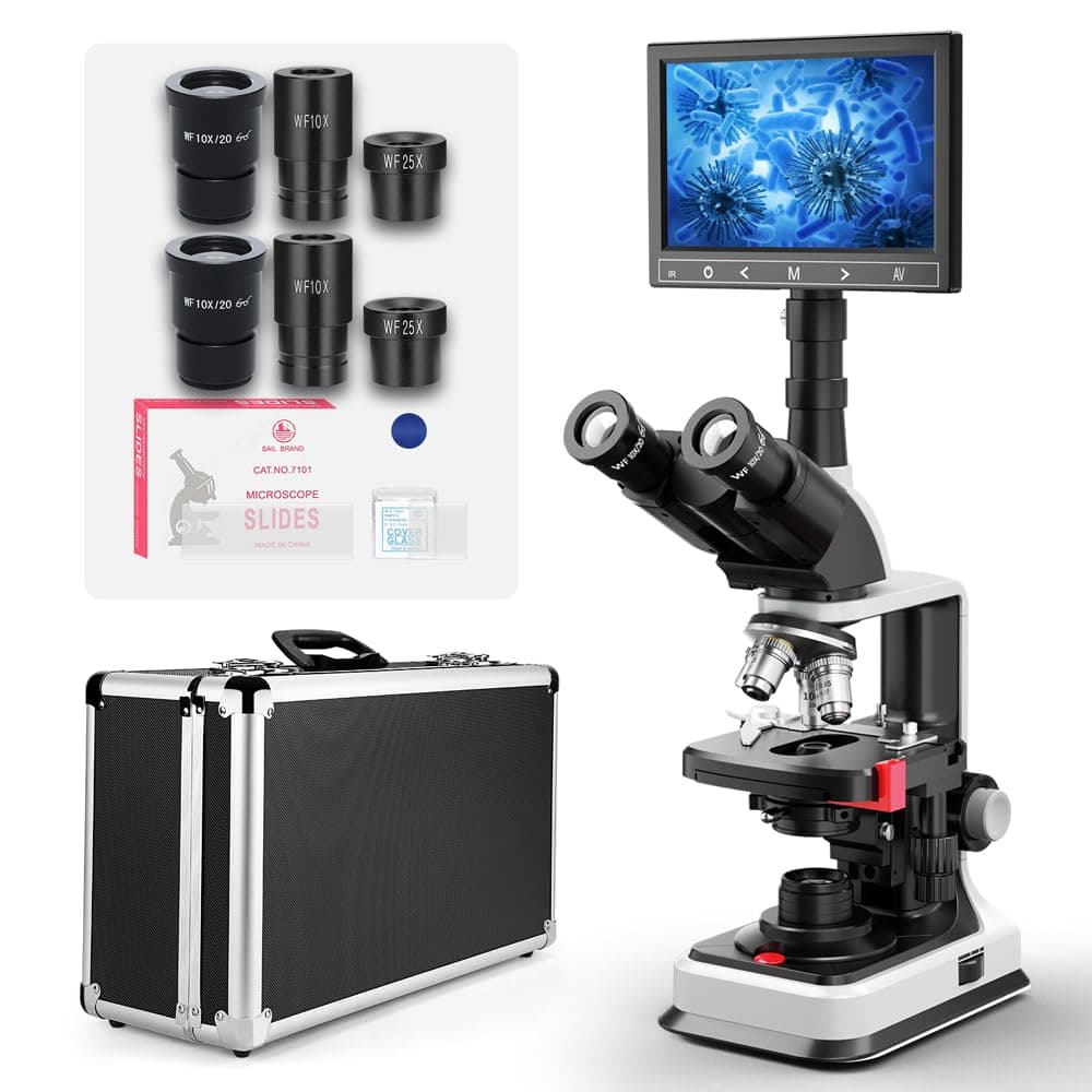 Vabiooth VB-M006-M-US Microscopio Trinocular Compuesto 40X-2500X con pantalla LCD 7" reemplazable y platina mecánica de doble capa
