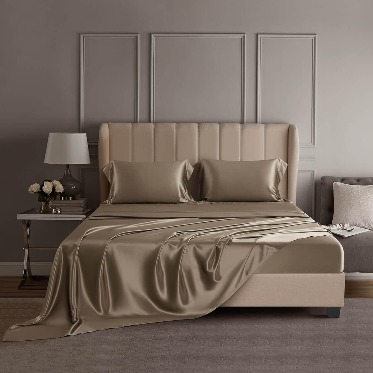 DISANGNI CDTZ - Juego de sábanas 22 Momme 100% seda de morera Mulberry (King) Taupe 4 piezas