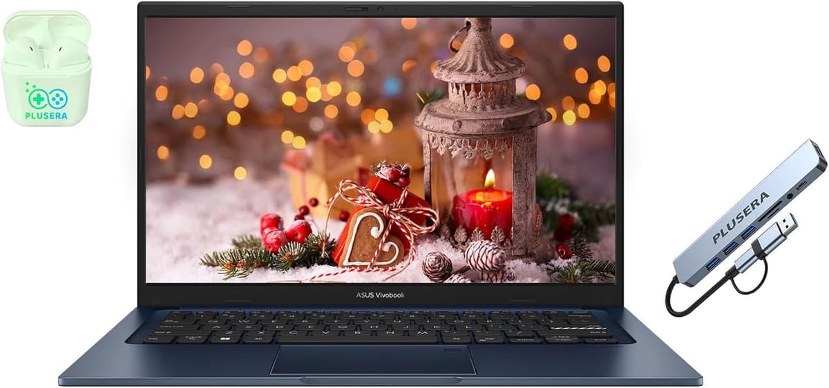 ASUS Vivobook 14" FHD Laptop, 12 GB RAM 512 GB Almacenamiento (256 GB SSD + 256 GB Estación de Acoplamiento), Intel Core i3 de 6 núcleos, Windows 11, Audífonos PLUSERA ASUS 14
