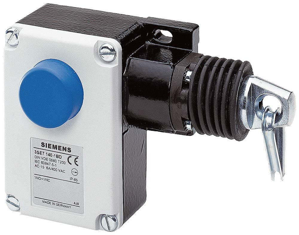 SIEMENS 3SE7 140-1BD00 Cable Operated Switch, Carcasa Metálica, Conduit M16, Cubierta de Plástico Moldeado, Enganche, Reinicio por Botón, para Longitudes de Cable Menores de 50m, 1 NO + 1 NC Contacts