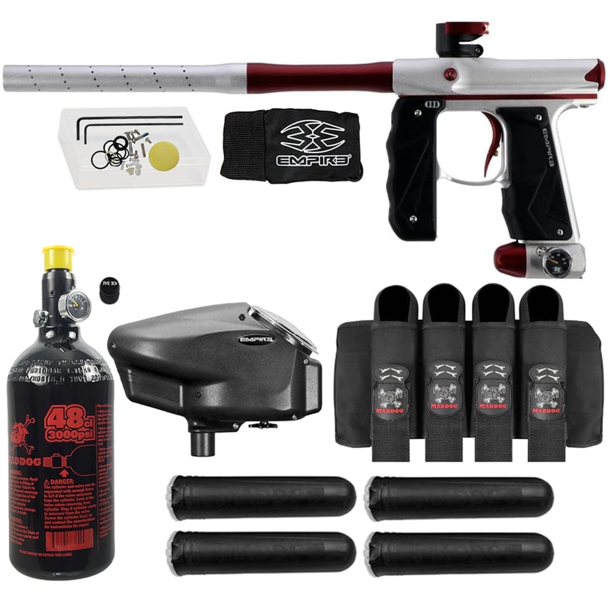 Maddog Empire Mini GS Full Auto con tanque HPA 48/3000, cargador Empire Halo Too y arnés 4 pods - Dust Silver/Red 2069-AXE2
