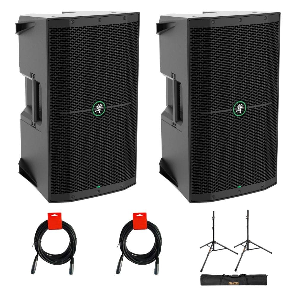 Mackie Thump 210 (2 Pack) Bundle con cables XLR-XLR (2) y tripié Auray SS-47S-PB con funda MATHUMP210K2