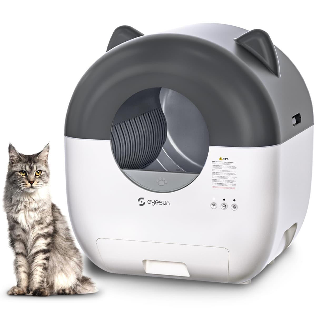 EYESUN Caja de Arena Autolimpiante, 76L Caja de Arena Automática para Gatos Autolimpiante con Control APP, Bajo Ruido, Protección de Seguridad, Bolsas de Basura Rodantes, Desodorante y Cepillo de Limpieza para Múltiples Gatos Maxe-Gray
