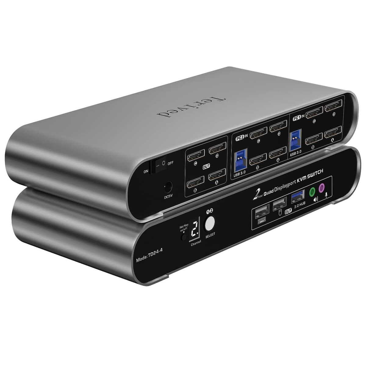 Terived KVM Switch 2 puertos 4 monitores DP - 8K@30Hz, 4K@144Hz con USB 3.0 y audio TD24-4