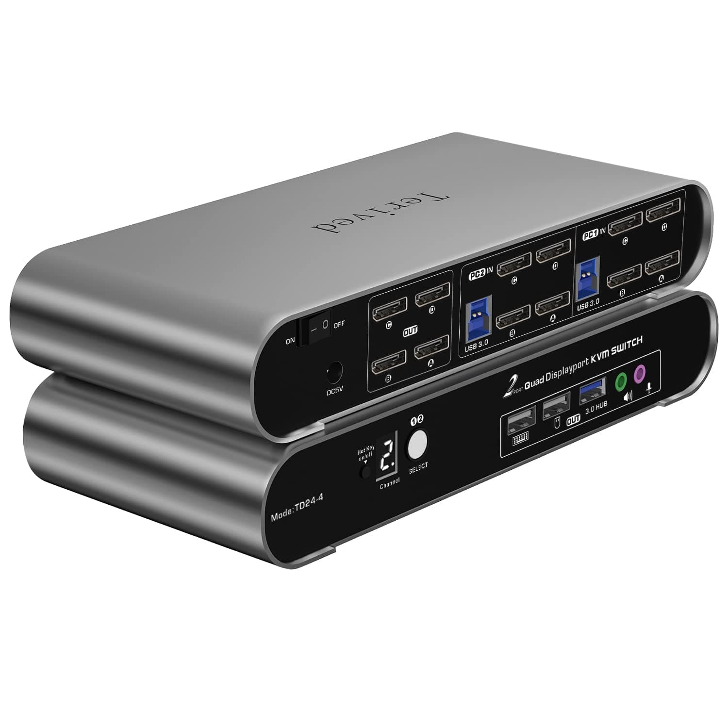 Terived KVM Switch 2 puertos 4 monitores DP - 8K@30Hz, 4K@144Hz con USB 3.0 y audio TD24-4