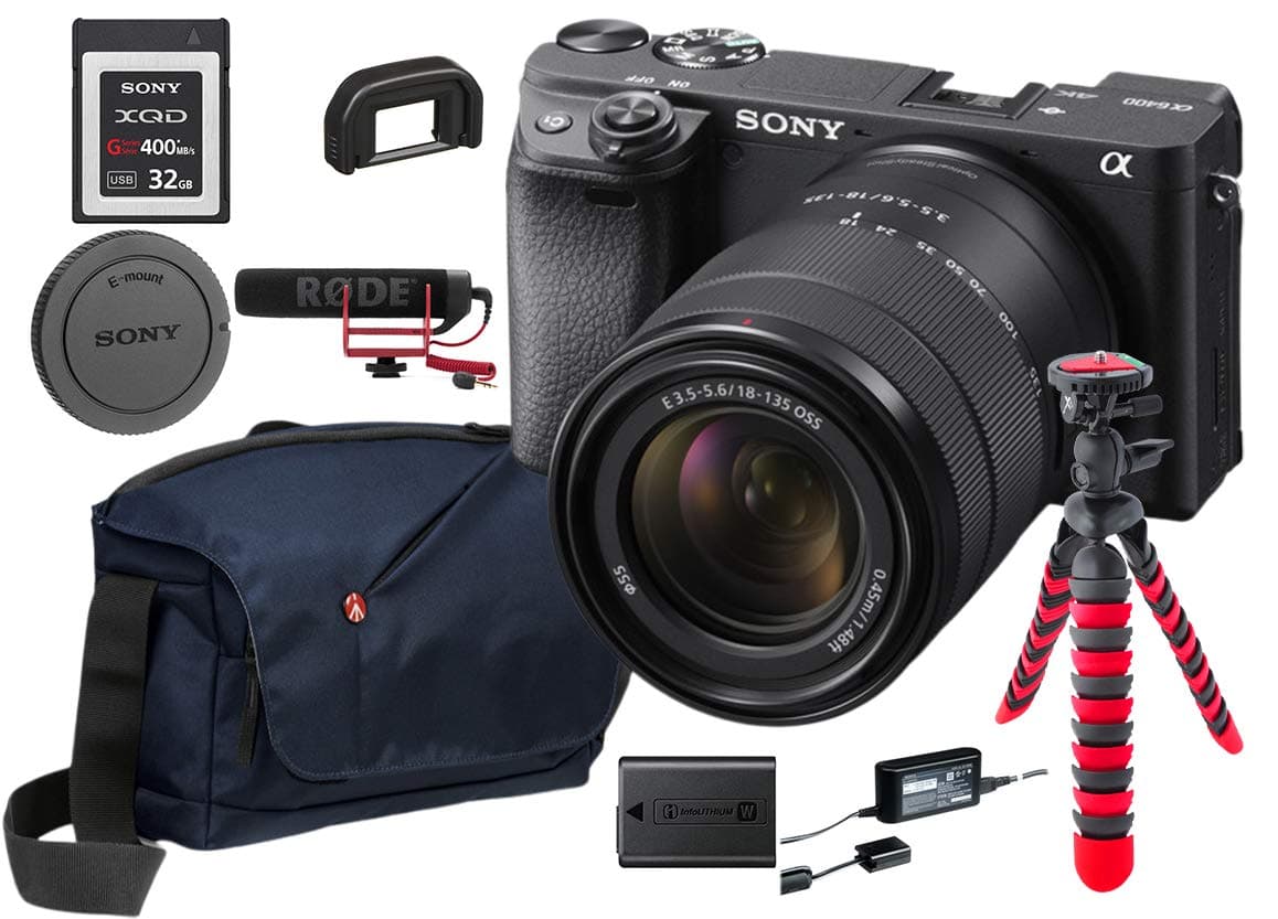 Sony Alpha a6400 Mirrorless Digital Camera con lente 18-135mm - Bundle con bolso, tarjeta 64GB, kit de limpieza, estuche para SD, trípode, software y más (16 artículos) ILCE6400M/B AM