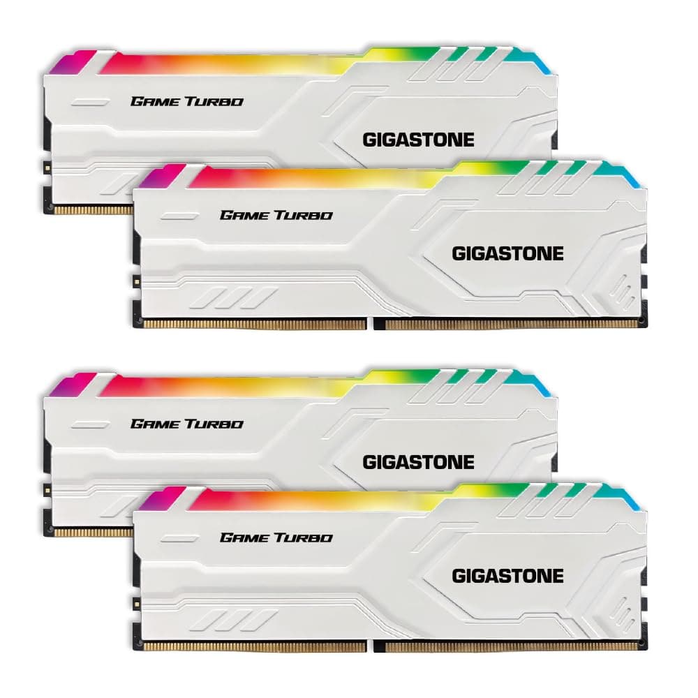 【RGB DDR4 RAM】Kit GIGASTONE Game TURBO 64GB (4x16GB) DDR4 3600MHz PC4-28800 CL18-22-22-42 Intel XMP 2.0 AMD Ryzen 1.35V UDIMM 288 pines Unbuffered Non-ECC Memoria de alto rendimiento para gaming de escritorio - Blanco