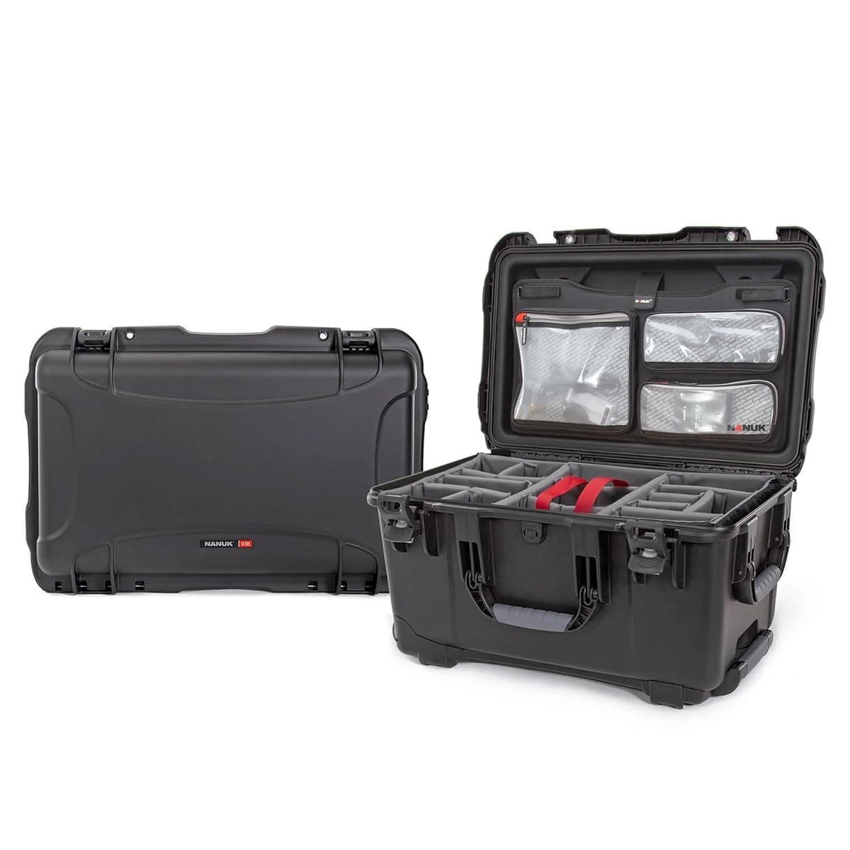 Maletín rígido impermeable con ruedas Nanuk 938 con organizador de tapa de 3 bolsillos y divisor acolchado, negro 938-6001