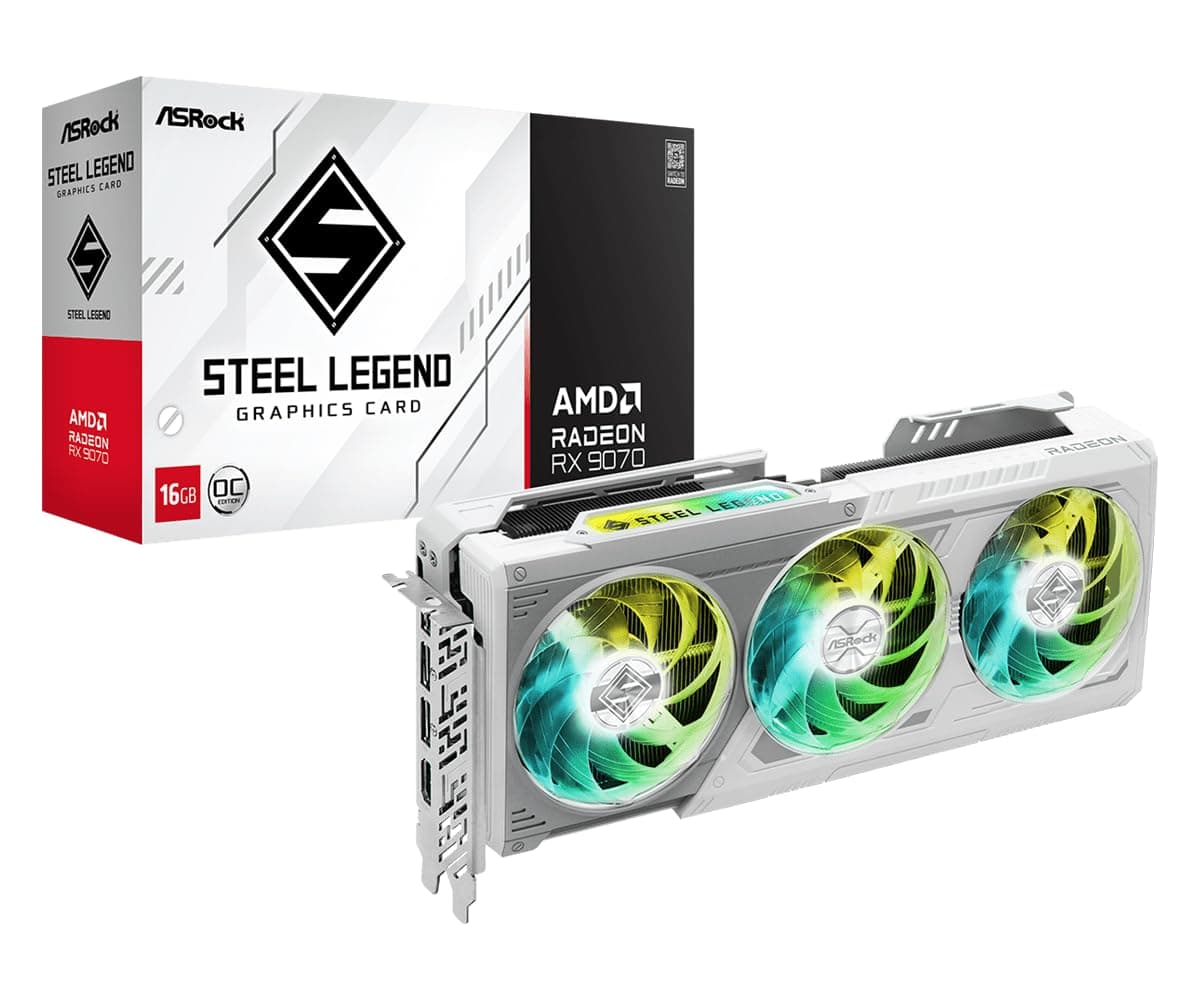 ASRock AMD Radeon RX 9070 Steel Legend 16GB OC GPU 2700 MHz 20 Gbps GDDR6 256 bits (Aceleradores RT de 3ra gen y AI de 2da gen) PCIe 5.0 2x8 pines Triple ventilador Tarjeta gráfica 700W Desvío de aire HDMI DisplayPort 90-GA5EZZ-00UANF