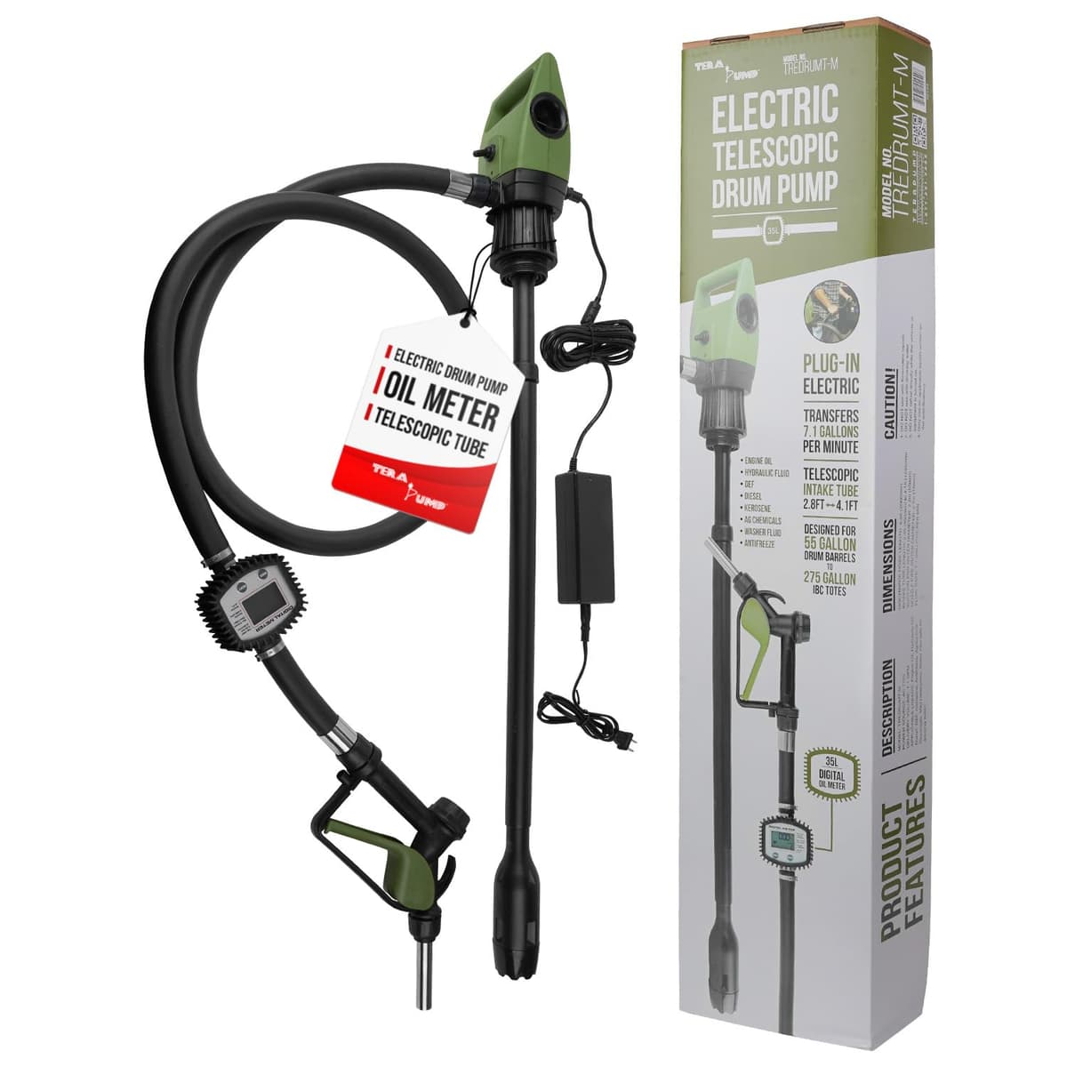 TERA PUMP Bomba eléctrica para tambores 55 gal - medidor digital, tubo telescópico, boquilla con control de flujo A-TP-TREDRUMT-M-FIX-001