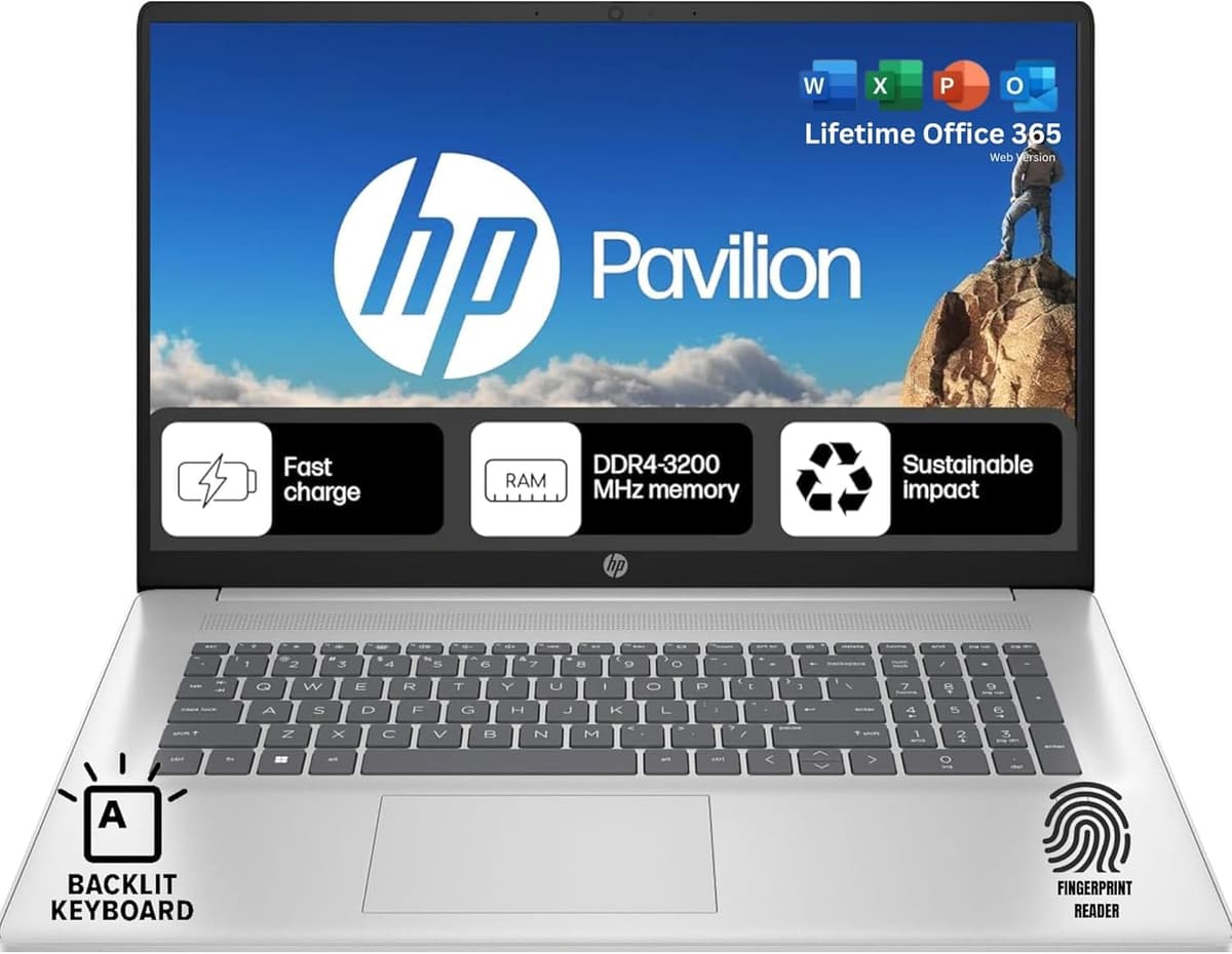 HP 17.3 con teclado retroiluminado y lector de huellas | Office 365 para la web de por vida | Intel i5 de 10 núcleos, gráficos Iris Xe | 64 GB RAM, SSD de 2 TB | Windows 11 sin mouse i5-1334U