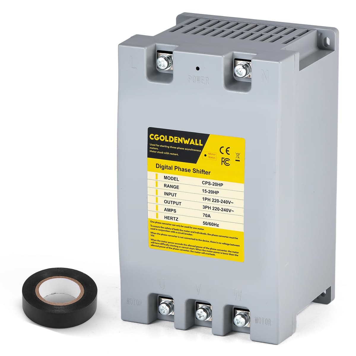 CGOLDENWALL Convertidor de Fase Única a Trifásica 20HP/15KW 70A 220V-240V Entrada/Salida Desfasador Digital, Carga Nominal 20HP/15KW, Cargas Pesadas 15HP/11KW, Un Convertidor por Motor