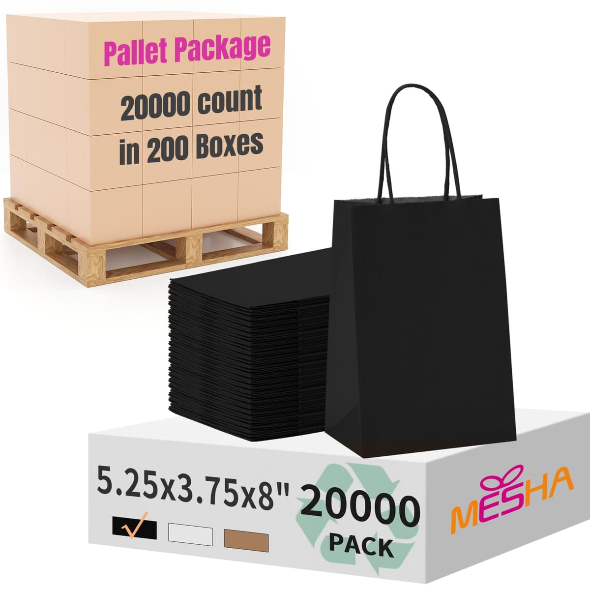 MESHA Gift Paper Bags 5.25x3.75x8 Inch - 20,000 pack (Black)