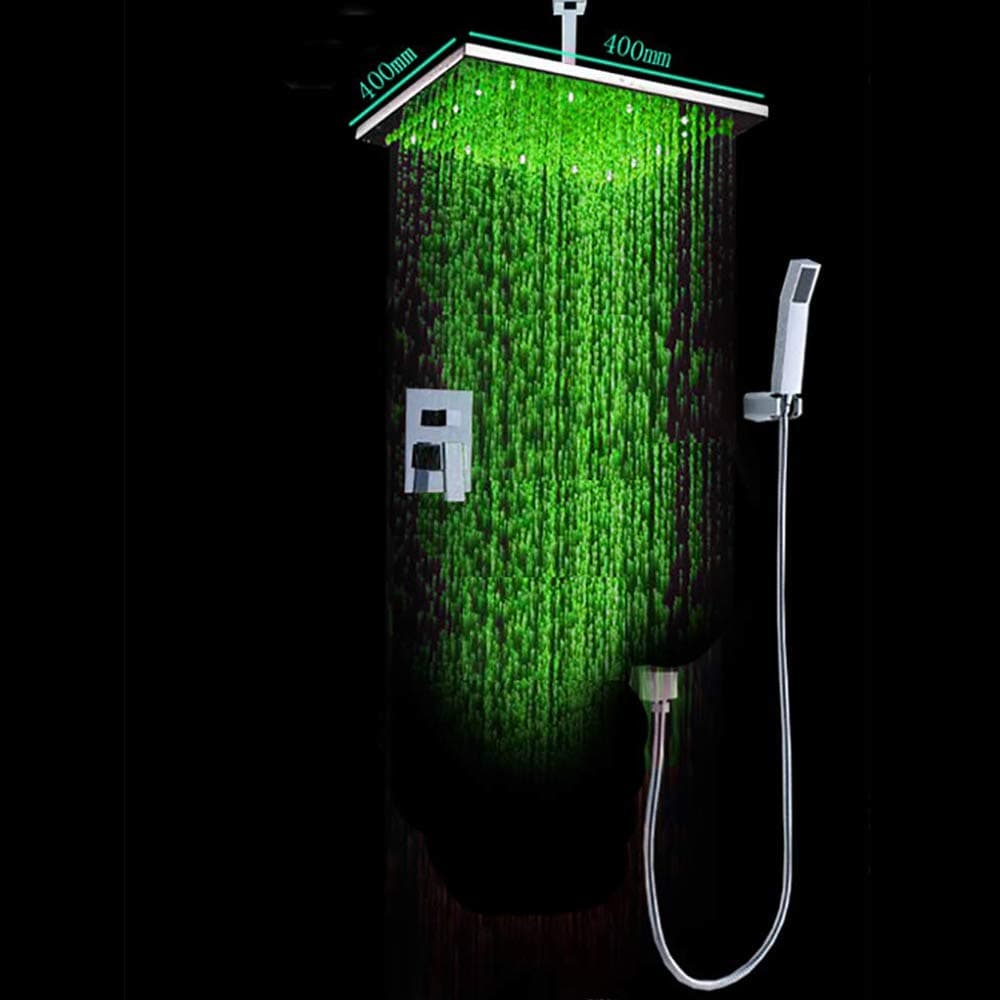 Conjunto de ducha de baño Cascada Luxury con lluvia y cabezal de ducha LED, válvula de doble función y ducha de mano de latón (16", negro mate)