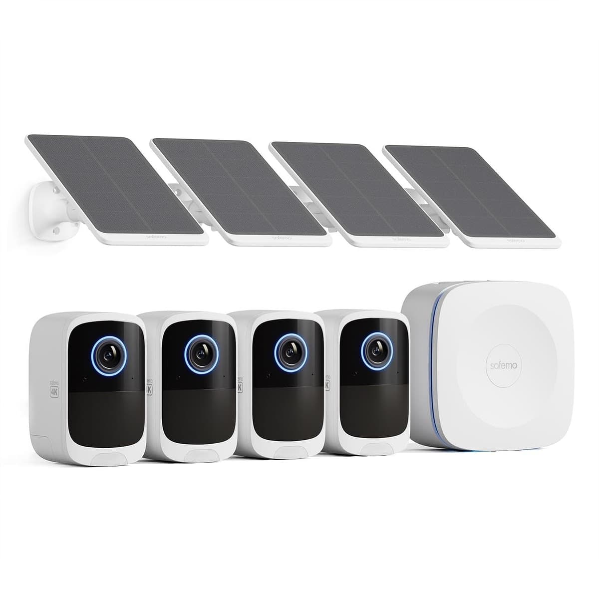 Cámaras de seguridad inalámbricas Safemo 4K para exterior/interior, cámaras a batería para seguridad del hogar, sin cuotas mensuales, almacenamiento local 32 GB, IA avanzada, paneles solares de 5 W, visión nocturna a color, audio bidireccional, WiFi 2.4 GHz SS113